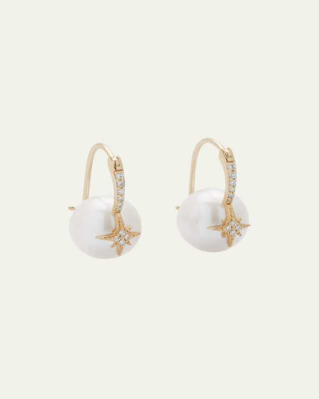 14K Yellow Gold Starburst Freshwater Pearl Drop Earrings